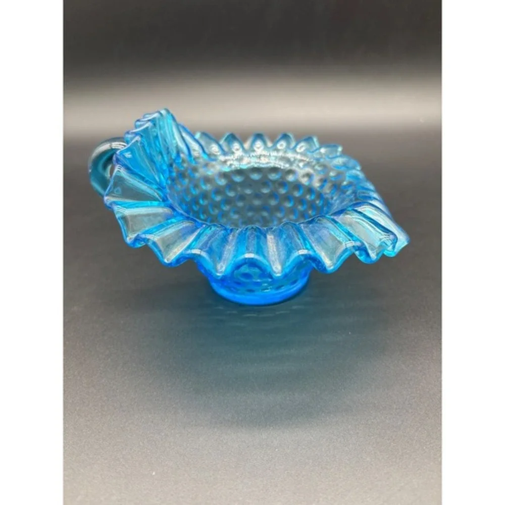 Blue Hobnail‎ Glass Ruffled Creamer Pitcher Dish Vintage
